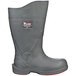 A grey Tingley safety boot with red soles.