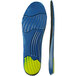 A blue and yellow Tingley shoe insole with black lines.