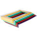 Yellow plastic stacker for stainless steel hotel pans.