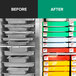 Clear plastic stackers for 1/2 size stainless steel hotel pans on shelves.