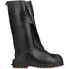 A black Tingley Workbrutes work boot overshoe with red soles.