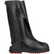 A black Tingley Workbrutes work boot overshoe with red soles and accents.