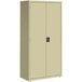 A tan metal Hirsh Industries storage cabinet with two doors.