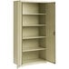 A Hirsh Industries putty metal storage cabinet with open doors and shelves.