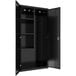 A black metal Hirsh Industries janitorial cabinet with shelves.