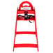 A red Koala Kare high chair with a black seat belt.