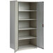 A light gray metal storage cabinet with open doors and shelves.