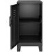 A black metal locker cabinet with open doors.