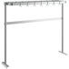 A stainless steel Regency table-mounted pot rack with hooks.