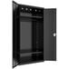 A black metal Hirsh Industries wardrobe cabinet with shelves and doors.