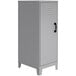 A grey metal locker cabinet with a black handle.