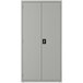 A light gray steel Hirsh Industries wardrobe cabinet with two doors.