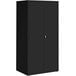 A black storage cabinet with 4 shelves and 2 doors.