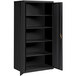 A black metal Hirsh Industries storage cabinet with open doors and shelves.