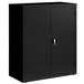 A black metal Hirsh Industries storage cabinet with two shelves and two doors.