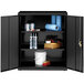 A black Hirsh Industries storage cabinet with objects on the shelves.