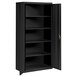 A black metal Hirsh Industries storage cabinet with open doors and shelves.