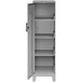 A grey metal Hirsh Industries storage locker cabinet with shelves and doors.