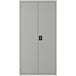 A light gray steel storage cabinet with black handles and doors by Hirsh Industries.
