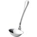 A silver ladle with a long handle.