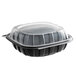 A black plastic microwaveable 1-compartment hinged container with a clear lid.