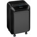 A black rectangular Fellowes micro-cut shredder with a white label.