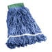 A blue Lavex cotton blend mop head with a green band.