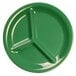 A green melamine plate with three compartments.