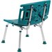 A teal plastic shower chair with a metal frame and extra large backrest.