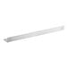 A white rectangular metal shelf with hooks.