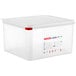 An Araven translucent polypropylene food pan with airtight lid.