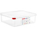 An Araven translucent polypropylene food pan with airtight red lid.
