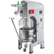 An Avantco 60-quart commercial floor mixer with a metal meat grinder attachment on it.