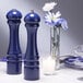 Two cobalt blue salt and pepper shakers on a table.