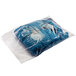 A Lavex clear plastic bag holding blue clothes.