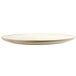A white plate with a brown rim on a white surface.