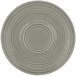 A grey saucer with a circular pattern.