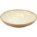 A white bowl with a tan rim.