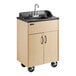 A portable hot water hand sink with a maple laminate cabinet, single basin, and wheels for mobility.