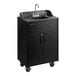 A black portable hot water hand sink with a laminate cabinet, single basin, and wheels for mobility.