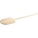 A wooden pizza peel with a long handle.