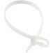 A close-up of a white plastic Retyz cable tie with a metal clip.
