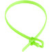 A fluorescent green plastic cable tie with a hook.