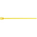 A yellow plastic zip tie with a 4.8 mm strap width and 50 lb. tensile strength.