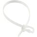 A white plastic cable tie with a metal clip.