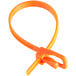 A close up of a Retyz fluorescent orange plastic cable tie with a hook.