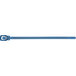 A blue Retyz metal detectable cable tie with a metal buckle.