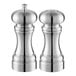 A stainless steel pepper mill and salt shaker set with a classic, curved design.