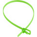 A fluorescent green plastic cable tie with a clip.