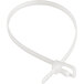 A close up of a white Retyz EveryTie cable tie with a metal clip.